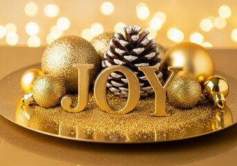 Golden Christmas decorations spelling out the word joy with festive ornaments
