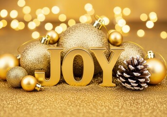Golden Christmas ornaments with the word joy, perfect for holiday greetings