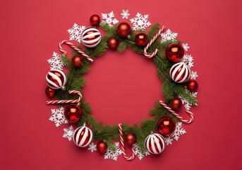Festive Christmas wreath with ornaments, candy canes, and snowflakes on red background