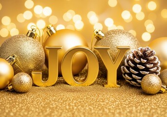 Golden Christmas decorations with the word JOY, perfect for the holiday season