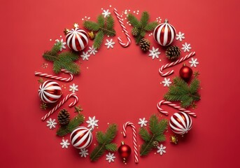 Festive Christmas wreath with ornaments, candy canes, and fir branches on red background