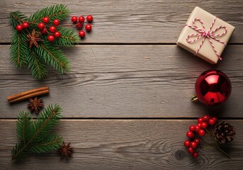 Christmas decorations on rustic wooden background, overhead view