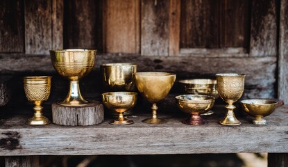 Ornate antique gold goblets rest on a rustic wooden surface.