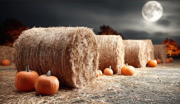 Pumpkins and hay bales are arranged in a field under a full moon.
