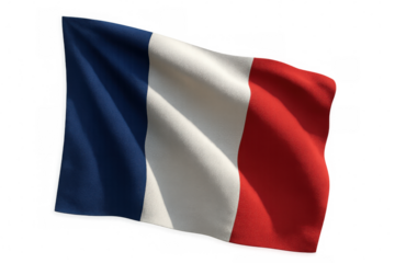 French flag representing france, a european nation, waving with blue, white, and red stripes. Transparent background