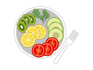 Composition of healthy fruit food. Vegetarian illustration. Flat vector illustration.