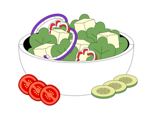 Bowl of raw vegetables with tofu, tomato and cucumber slices. Vegetarian illustration. Flat vector illustration.