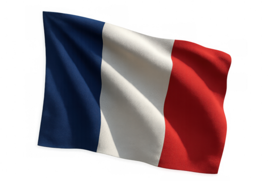 French flag representing france, a european nation, waving with blue, white, and red stripes. Transparent background