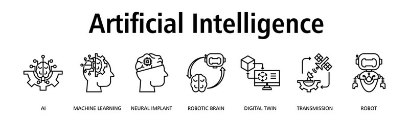 Artificial Intelligence banner web icon vector illustration concept with icon of AI, machine learning, neural implant, robotic brain, digital twin, transmission, robot
