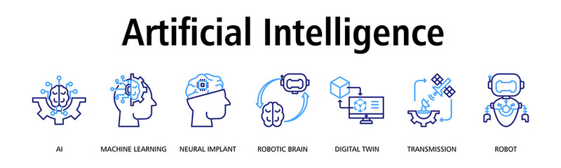 Artificial Intelligence banner web icon vector illustration concept with icon of AI, machine learning, neural implant, robotic brain, digital twin, transmission, robot
