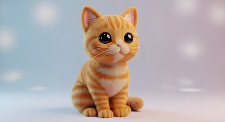 A joyful 3D illustration of an orange kitten with large expressive eyes and a friendly smile, sitting against a pink and blue gradient background. Ideal for children’s themes, cartoon icons, or playfu