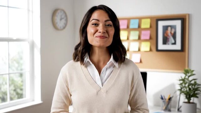A woman in a lightcolored sweater and white shirt smiles at the camera