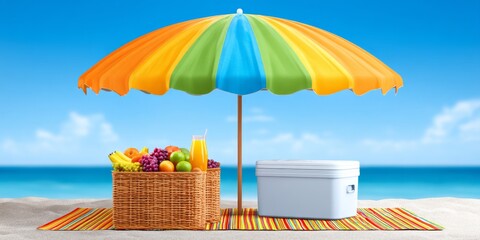 A towel spread under a beach umbrella with a cooler and snacks