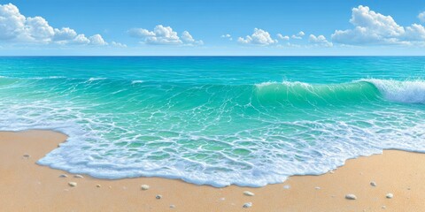 Artistic beach towel scene with gentle pastel sea and sand