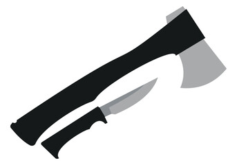 Flat vector silhouette of axe and hunting knife on white background
