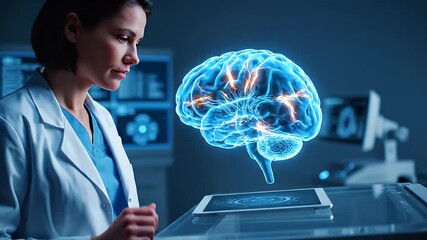 female doctor studies holographic brain medical research - Powered by Adobe