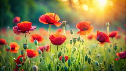 Obraz premium Vibrant Red Poppies Blooming in a Sunlit Meadow, a Serene and Peaceful Summer Scene of Nature's Beauty