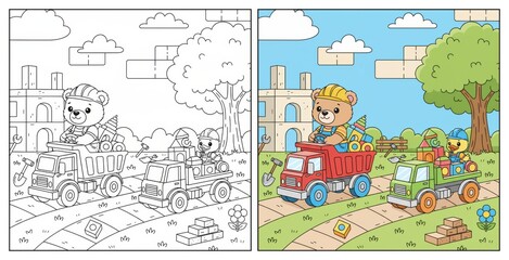 Fototapeta premium Children Enjoy Playing Together at a Construction Site with Trucks and Animals