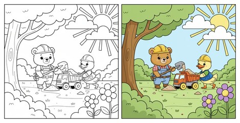 Fototapeta premium Animated characters building toy vehicle in sunny outdoor scene