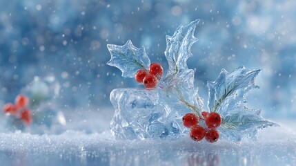 Close-up shot of icy holly leaves with vibrant red berries, set against a snowy background.