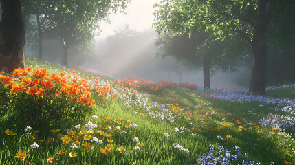 Fototapeta premium Colorful wildflower meadow scene with sunlight and misty background