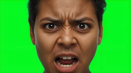 Furious young person shouting with intense anger on green screen background