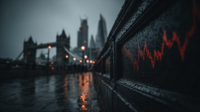 Urban finance graph at dusk with bridge and skyscrapers