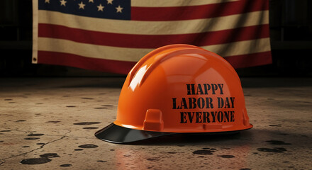 Labor Day promo image featuring hard hat & American flag. Perfect for construction, factory, or industrial themed promotions, holiday sales, event marketing, and greetings.