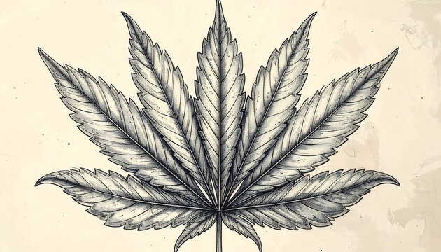 A detailed black and white botanical illustration of a cannabis leaf on a vintage paper background.