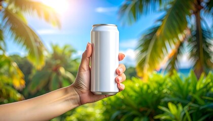 Hand holding blank white aluminum can, tropical backdrop (1)