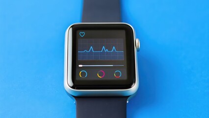 Smartwatch displaying heart rate data on a blue background, illustrating health tracking technology.