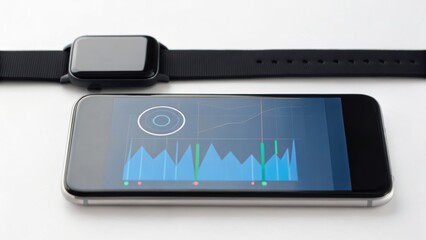 A smartwatch and smartphone displaying data analytics and graphs, emphasizing modern technology and connectivity.