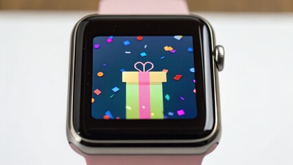 Smartwatch displaying a colorful gift animation on its screen, set against a light background.