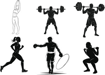Fitness silhouette icons, gym workout poses, barbell lifting, stretching, running, boxing, squats, jump rope, black vector set, isolated exercise graphic