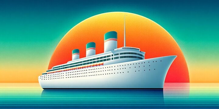 Vintage-style travel poster of a port of call with retro cruise ship