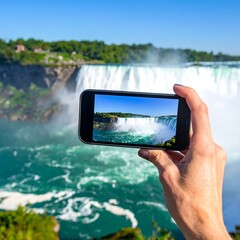 Hand holding phone, photo of Niagara Falls