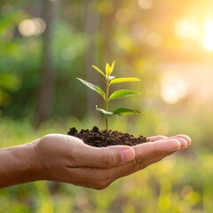 Hand holding small plant seedling in soil outdoors