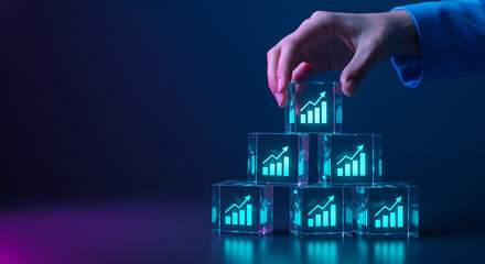 strategic planning pyramid with upward trend icons and professional hand