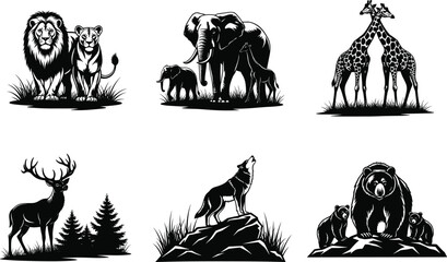 Wild animal family illustrations, lion, elephant, giraffe, stag, wolf, bear, nature wildlife vector, black and white, forest scene, stylized art, group composition © MdMojibar