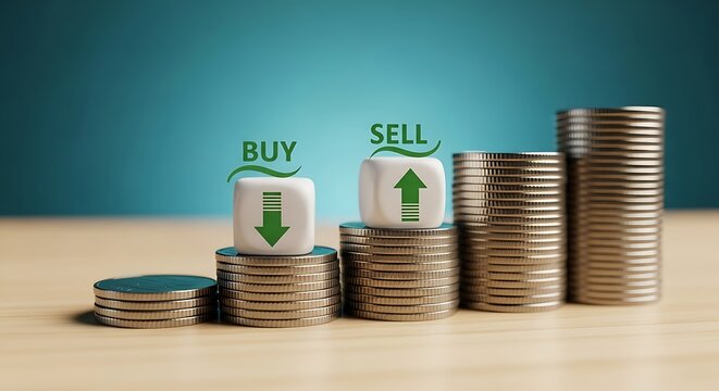 Conceptual image of buy and sell arrows on dice placed on stacks of coins, representing stock market trading