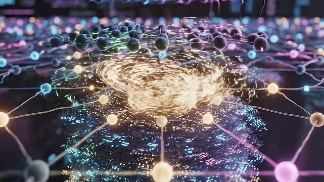 Abstract neural network with glowing nodes, swirling energy vortex, and illuminated connections.