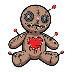 Creepy voodoo doll with pins and red heart patch