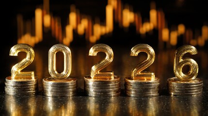 Golden numbers 20226 standing on stacks of coins with a blurry financial graph in the background.