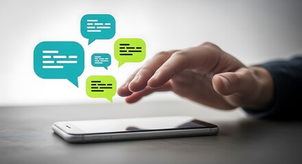 Hand hovering over smartphone with chat bubbles appearing, symbolizing communication and messaging