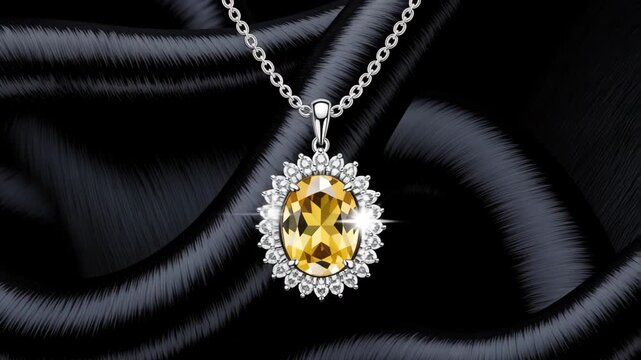 Elegant silver necklace featuring an oval yellow gemstone pendant surrounded by sparkling diamonds on black silk
