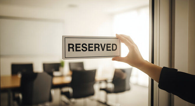Hand placing a reserved sign on a conference room door.
