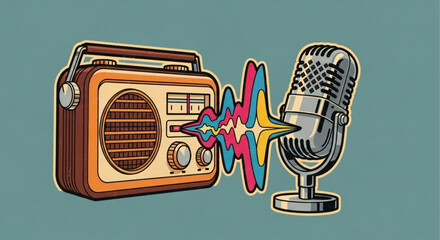 Retro radio and microphone with sound waves, vintage style illustration, capturing the essence of classic broadcasting and audio technology, a nostalgic design