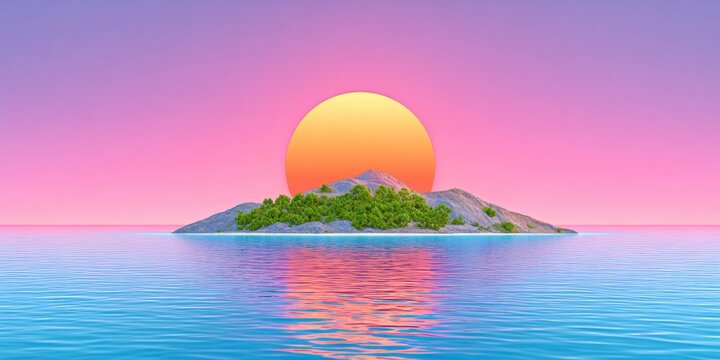 a realistic photo of a distant island under a vivid sunset sky at sea