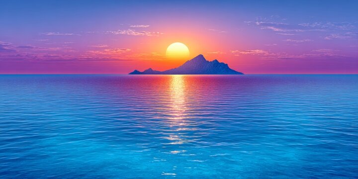 a realistic photo of a distant island under a vivid sunset sky at sea