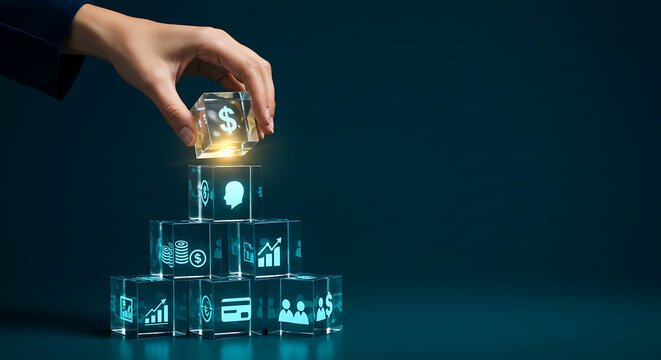 business icons pyramid with top dollar symbol on dark background